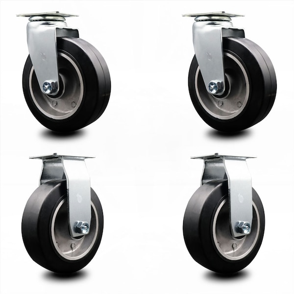 6 Inch Rubber on Aluminum Caster Set with Roller Bearings 2 Swivel 2 Rigid